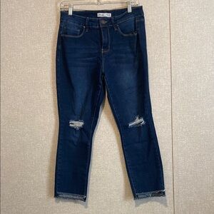 Royalty For Me Blue Cropped High Rise, Raw Hem Skinny Jeans w Distressed Details